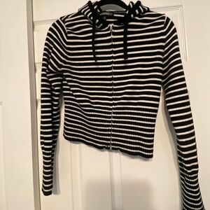 Cropped Black & White Striped Zip Hoodie